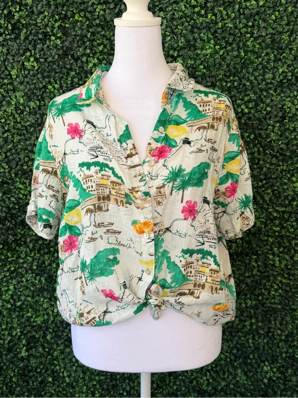 Cynthia Rowley Cream Tropical Print Button-Down Shirt with Pink & Green Accents